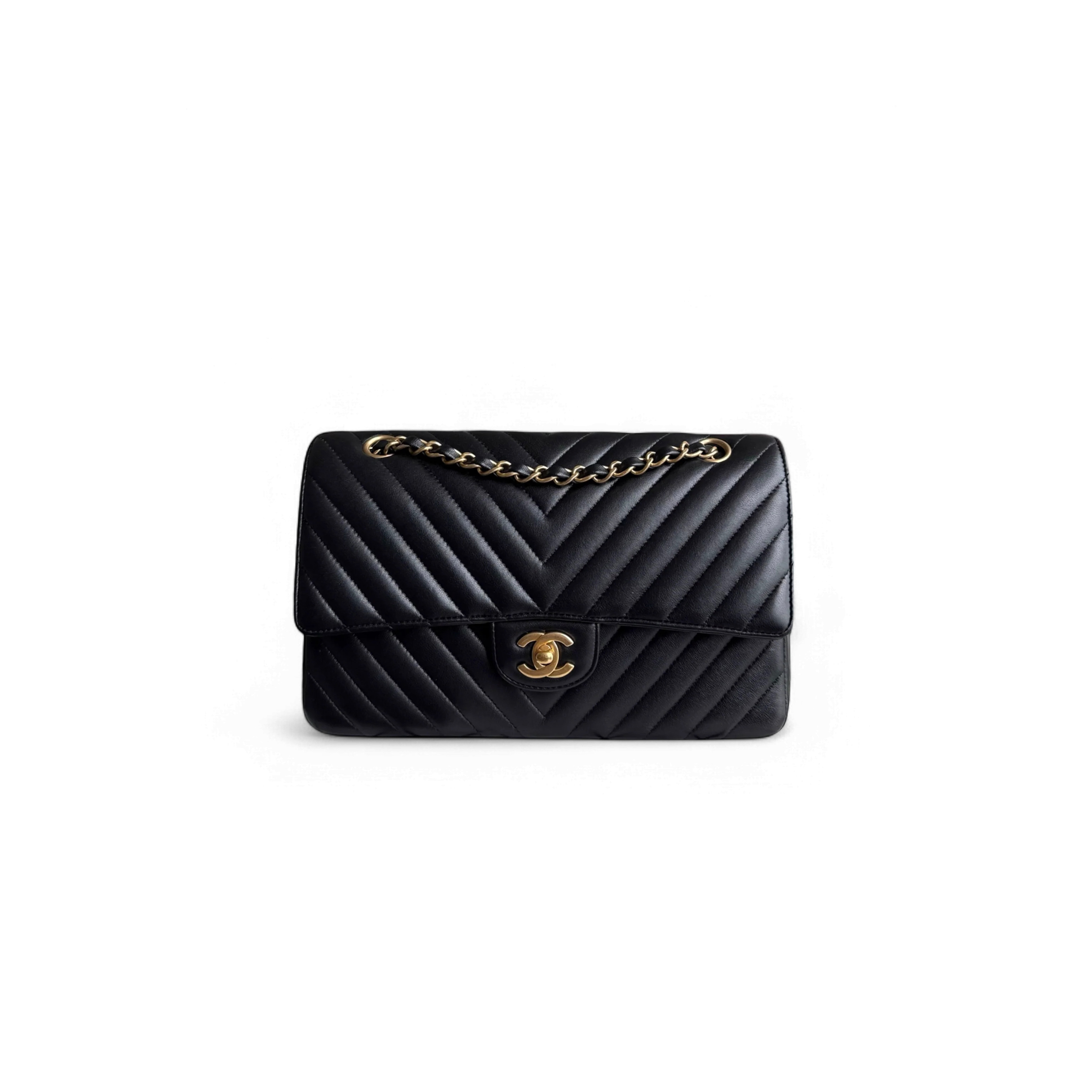 Ch*el medium classic flap chevron lambskin gold hardware a01113 (25*15*7.5cm)